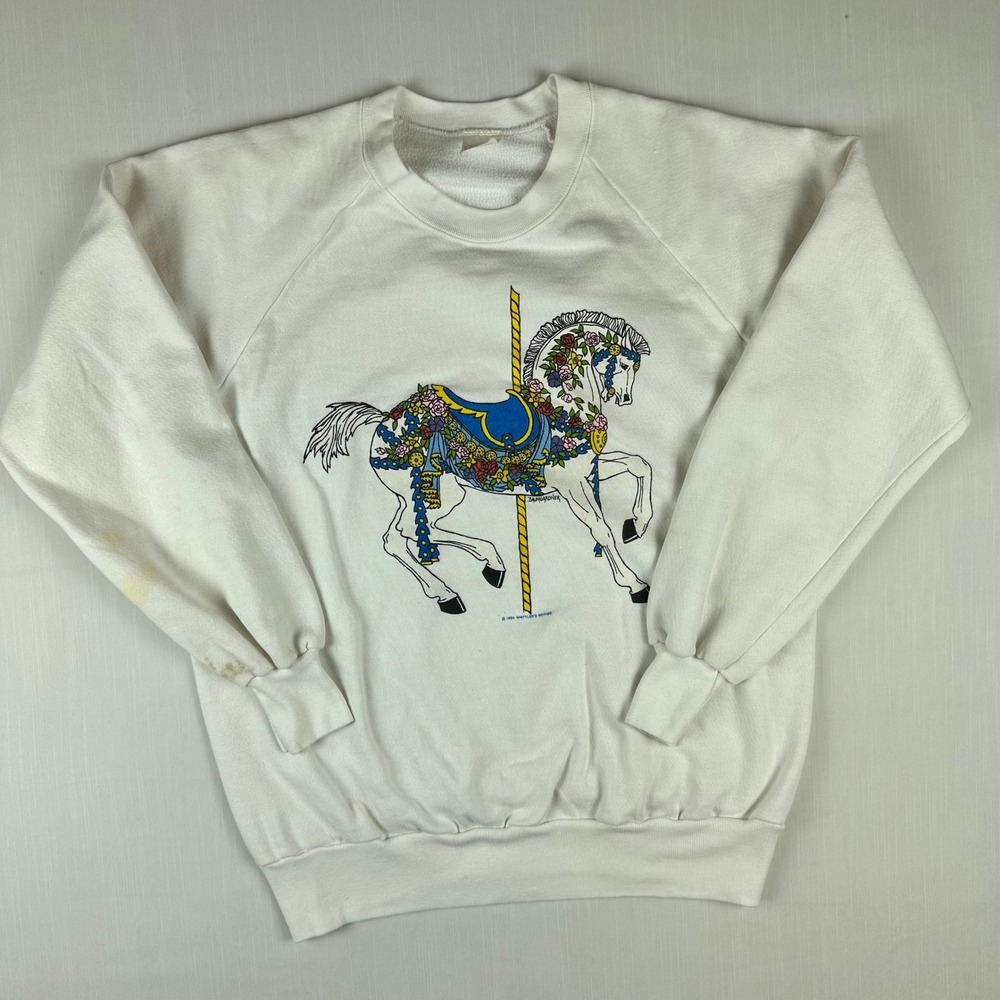 Vintage 80s Anvil Carousel Horse Sweatshirt White L 1985 Baumgardner Made in USA